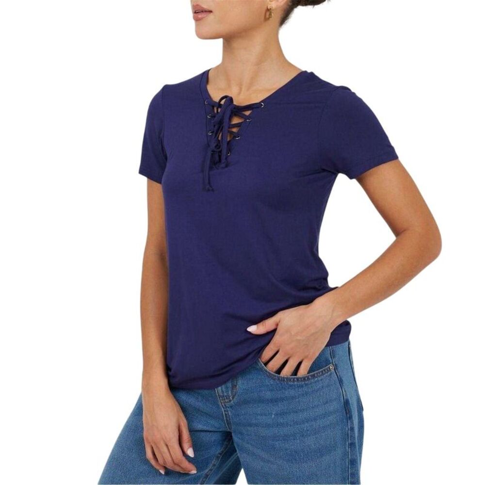 Brave Soul Womens/Ladies Plain Lace Up T-Shirt / Navy
